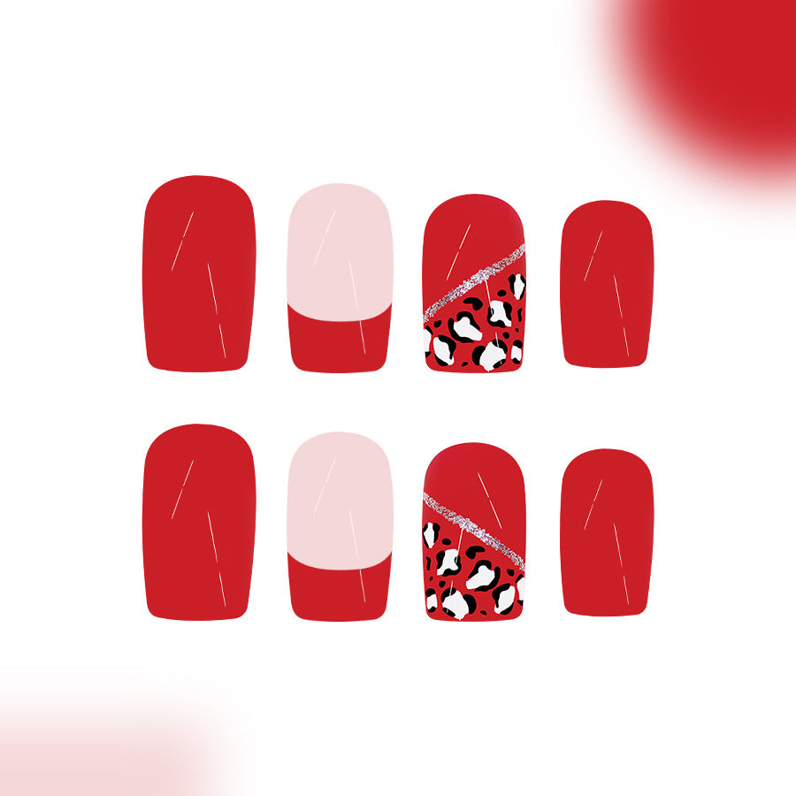 Fierce Glamour Red Short Square Press On Nail Set Featuring Chic Leopard Accent and Glitter Detail