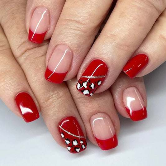 Chic Valentine Inspired Medium Square Shaped Bright Red with Luscious Hearts and Shiny Accents Press On Nail Set