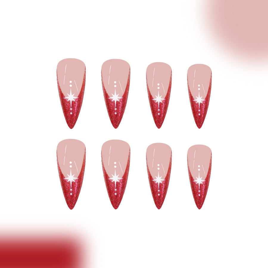 Glamorous Celebration Lengthy Long Almond Red Glitter with Dazzling Star Accent Press-On Nail Set