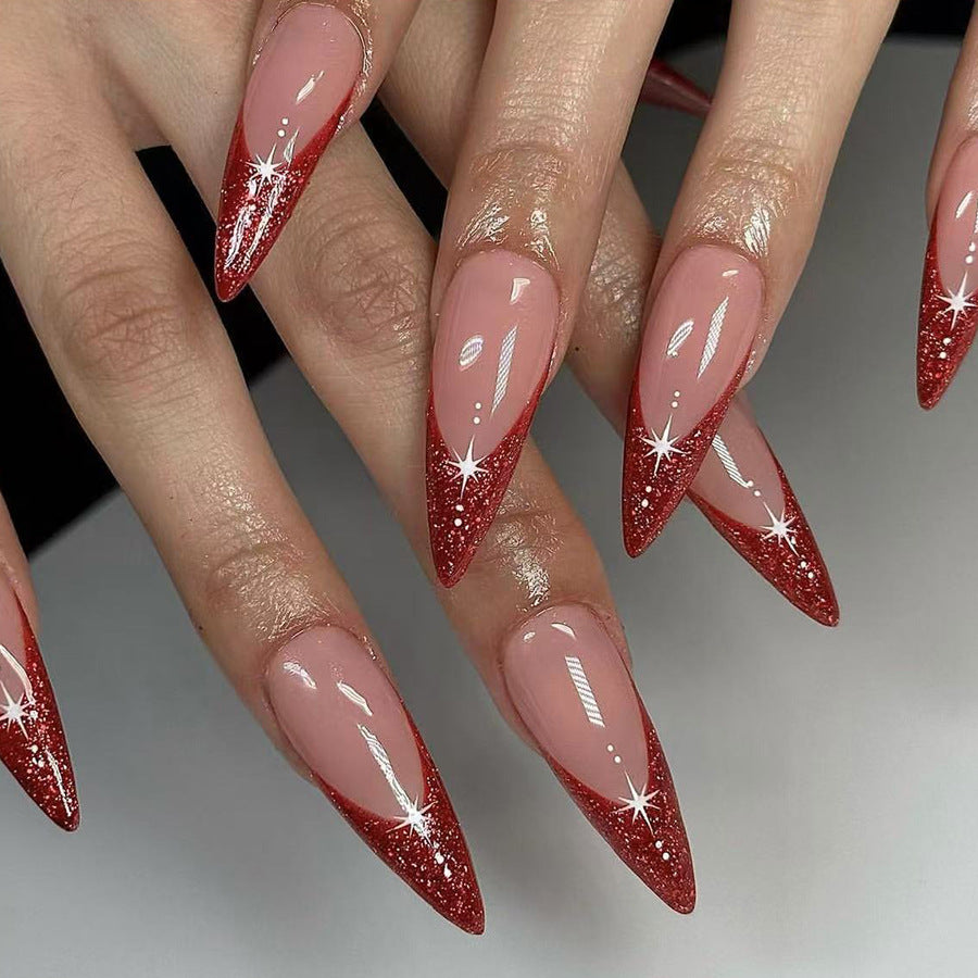 Enchanting Glamour Press-On Nails in Long Stiletto Shape with Red Glitter Fade and Sparkling Accents