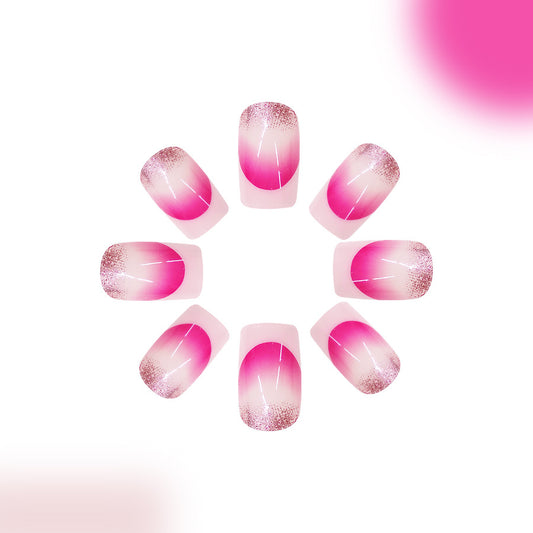 Cherry Blossom Elegance Short Square Pink Ombre Glitter Press On Nails with Stunning Gradient Design