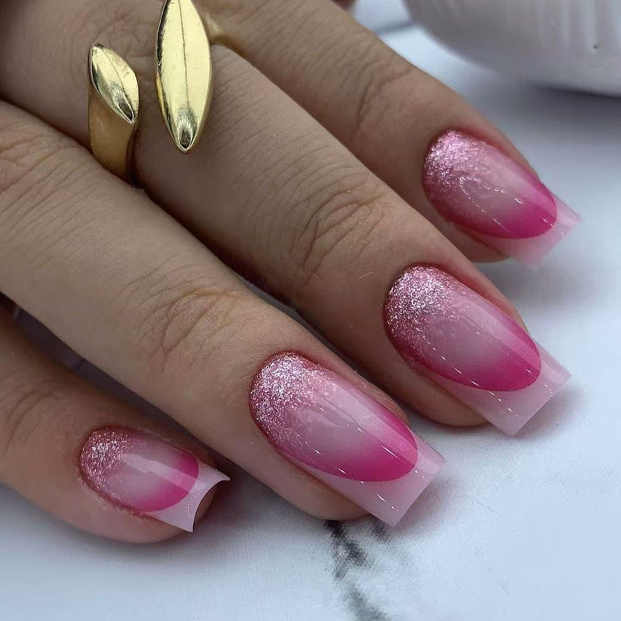Glamorous Blossom Medium Square Pink Ombre Press On Nail Set with Sparkling Gradient Finish