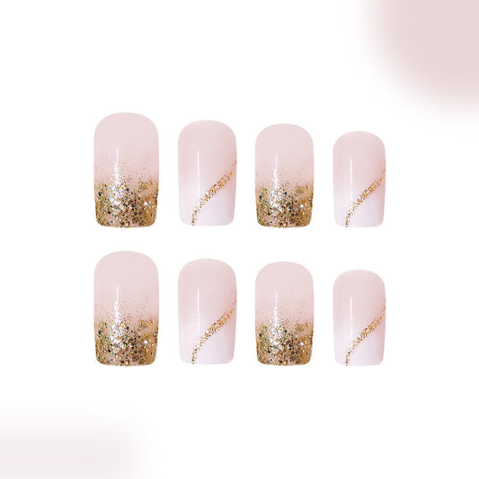 Glamorous Sparkle Blush Short Square Acrylic Press On Nails with Gold Glitter Gradient