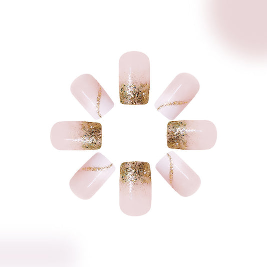 Glamorous Charm Short Square Pink Nails with Gold Glitter Gradient and Unique Design Feature