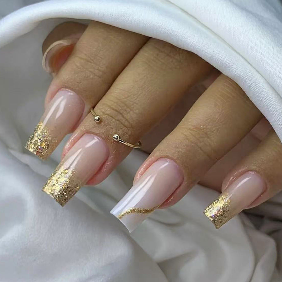 Glamorous Elegance Long Square Translucent Beige with Glitter Accents