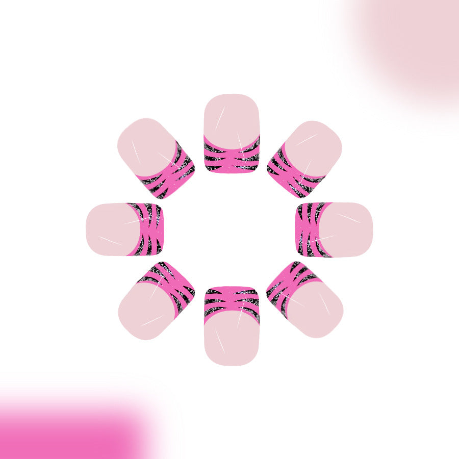 Tropical Vibes Short Square Pink Press On Nail Set with Striking Black Zebra Stripes