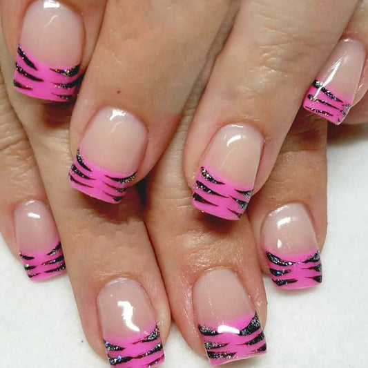 Wild Jungle Themed Short Square Pink and Black Striped Press On Nail Set with Glitter Accent