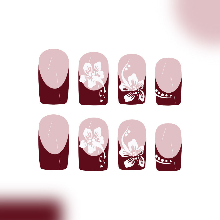 Blossoming Elegance Short Square Burgundy Press On Nail Set with Floral Designs