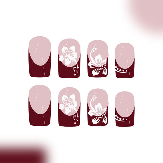Blossoming Elegance Short Square Burgundy Press On Nail Set with Floral Designs