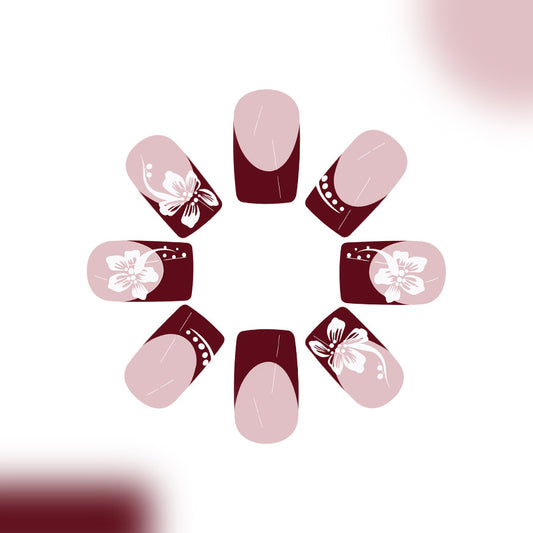 Elegant Blossom Inspiration Short Square Pink and Burgundy Floral Design Press-On Nail Set