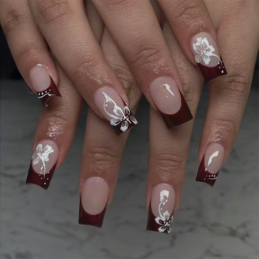 Chic Floral Elegance Medium Square Burgundy Press On Nail Set with Intricate White Designs