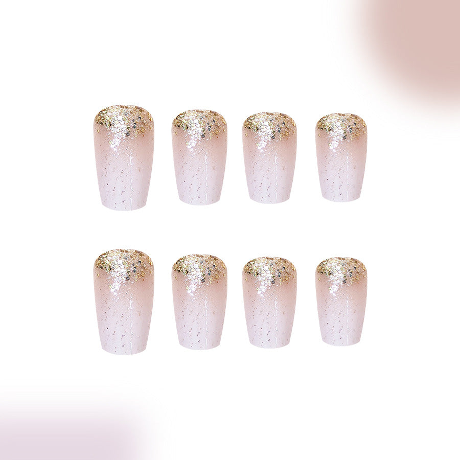 Glamorous Elegance Medium Coffin Beige with Shimmering Gold Glitter Press-On Nail Set