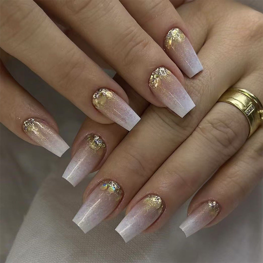 Glamorous Elegance Medium Square Gradient White and Pink Press On Nail Set with Sparkling Gold Accents