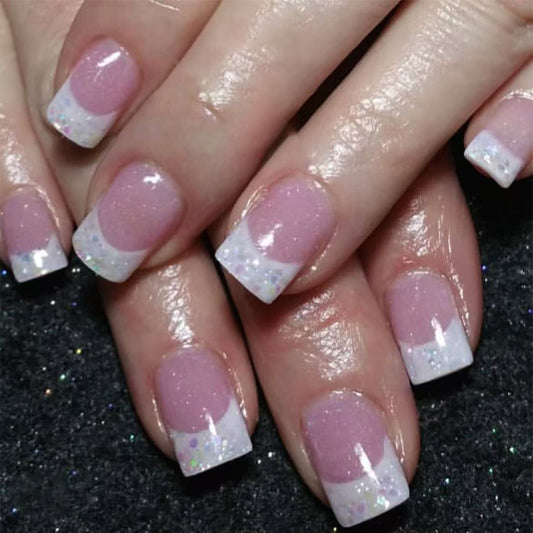 Chic Elegance Short Square Pink and White Glitter Tip Press On Nail Set