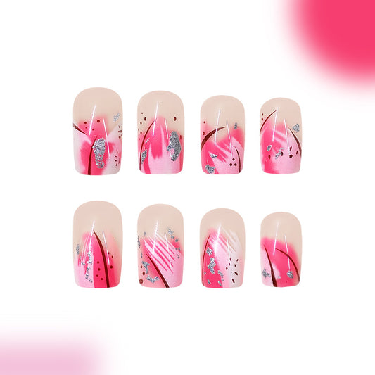 Floral Fantasy Short Square Pink with Metallic Accents Press On Nail Set