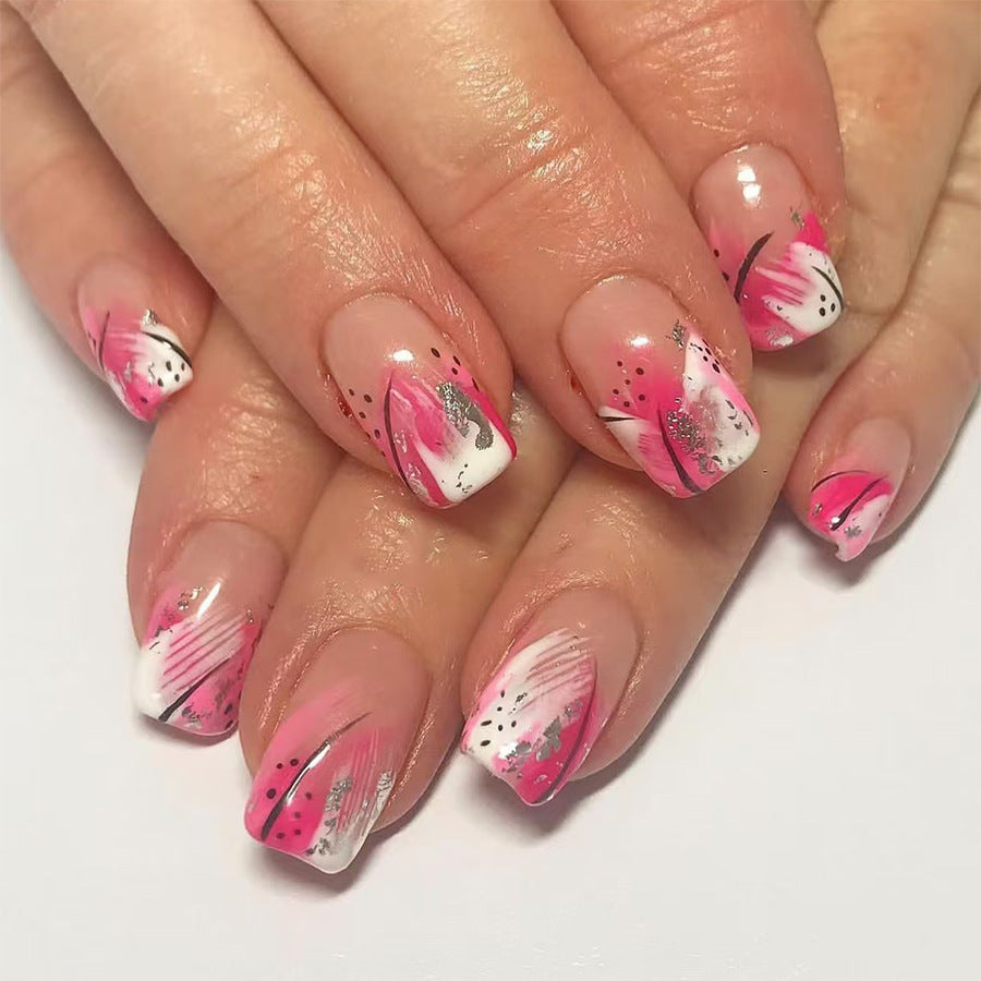 Blossom Fantasy Elegant Short Square Press On Nail Set in Pink and White Floral Design with Sparkling Accents
