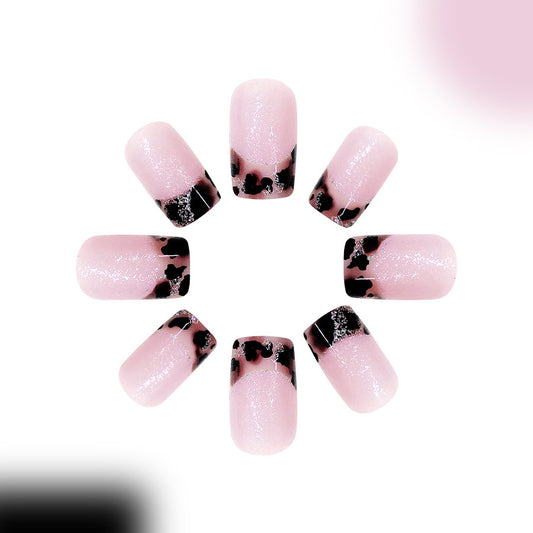 Chic Leopard Dream Short Square Pink Nails with Unique Glitter Ombre Detail