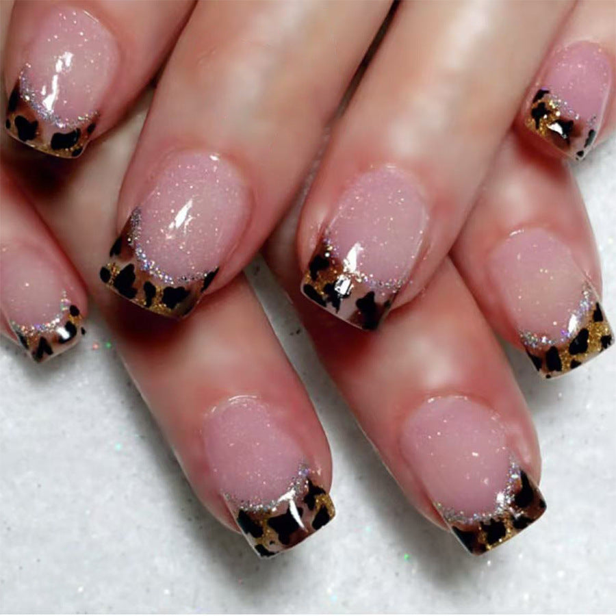 Safari Glamour Short Square Press On Nails in Sparkling Pink with Leopard Print Tips and Glitter Accents