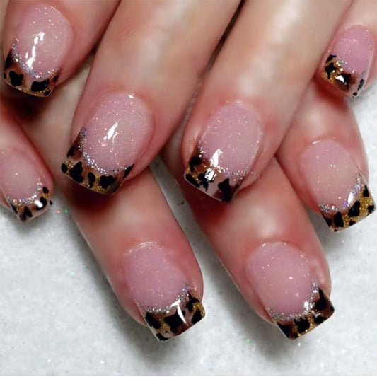 Safari Glamour Short Square Press On Nails in Sparkling Pink with Leopard Print Tips and Glitter Accents