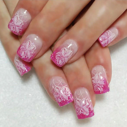 Floral Elegance Medium Square Pink Ombre Press On Nail Set with Intricate Butterfly Design