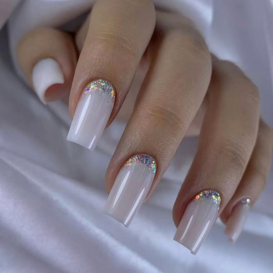 Glistening Dreams Short Round Glossy White Press-On Nail Set with Iridescent Glitter Tip