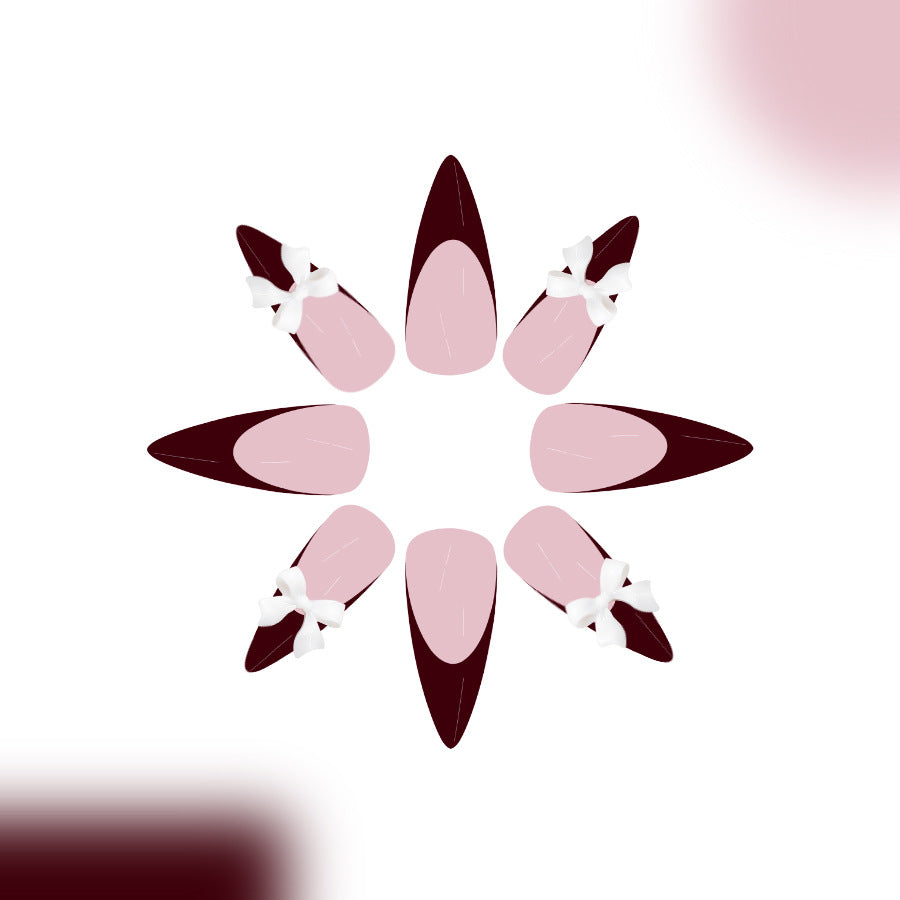 Chic Elegance Medium Almond Burgundy and Pink Press On Nails with Bow Accent
