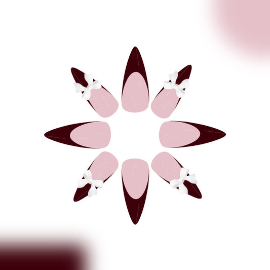 Chic Elegance Medium Almond Burgundy and Pink Press On Nails with Bow Accent