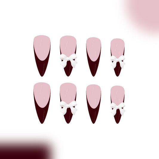 Chic Elegance Medium Almond Burgundy and Blush Press on Nail Set with Charming Bow Details