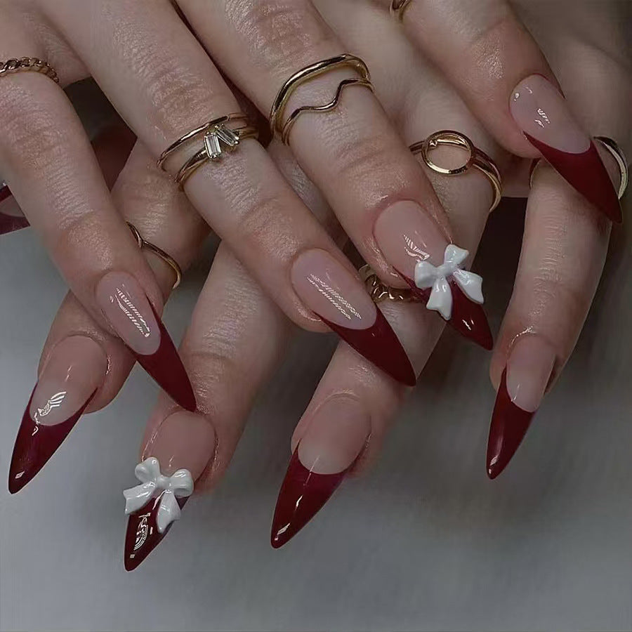 Enchanting Elegance Long Stiletto Burgundy Tips with Charming Bow Accents Press on Nail Set