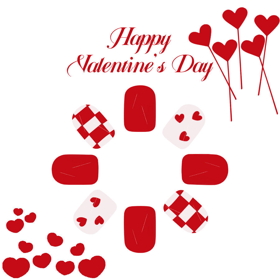 Valentine's Day Charm Red Short Square Nail Set with Heart and Checkered Designs