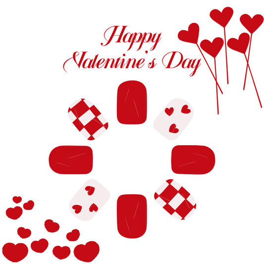 Valentine's Day Charm Red Short Square Nail Set with Heart and Checkered Designs