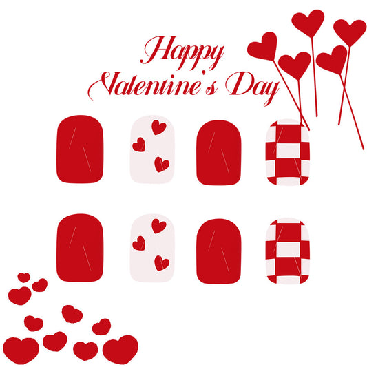 Romantic Heart Themes Red and White Short Square Press-On Nail Set with Charming Love Patterns