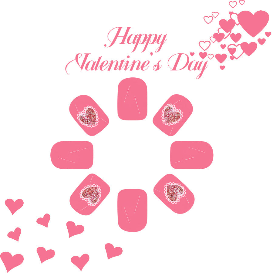 Romantic Heartfelt Pink Short Square Nails with Delicate Heart Designs