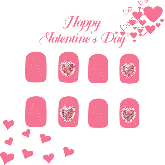 Romantic Heartfelt Pink Short Square Shaped Press On Nail Set with Glittery Heart Designs