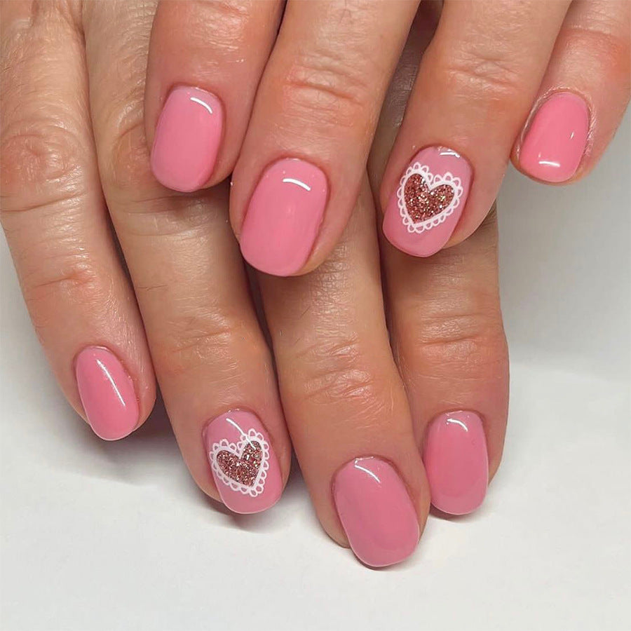 Romantic Blush Short Square Press-On Nail Set Soft Pink with Sparkling Heart Design