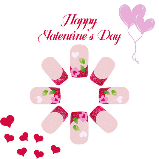 Romantic Blossoms Short Square Pink and Sparkling Red Press-On Nail Set with Floral Heart Design