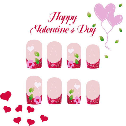 Love Inspired Elegant Short Square Pastel Pink with Glittery Red Heart and Floral Design Press On Nail Set