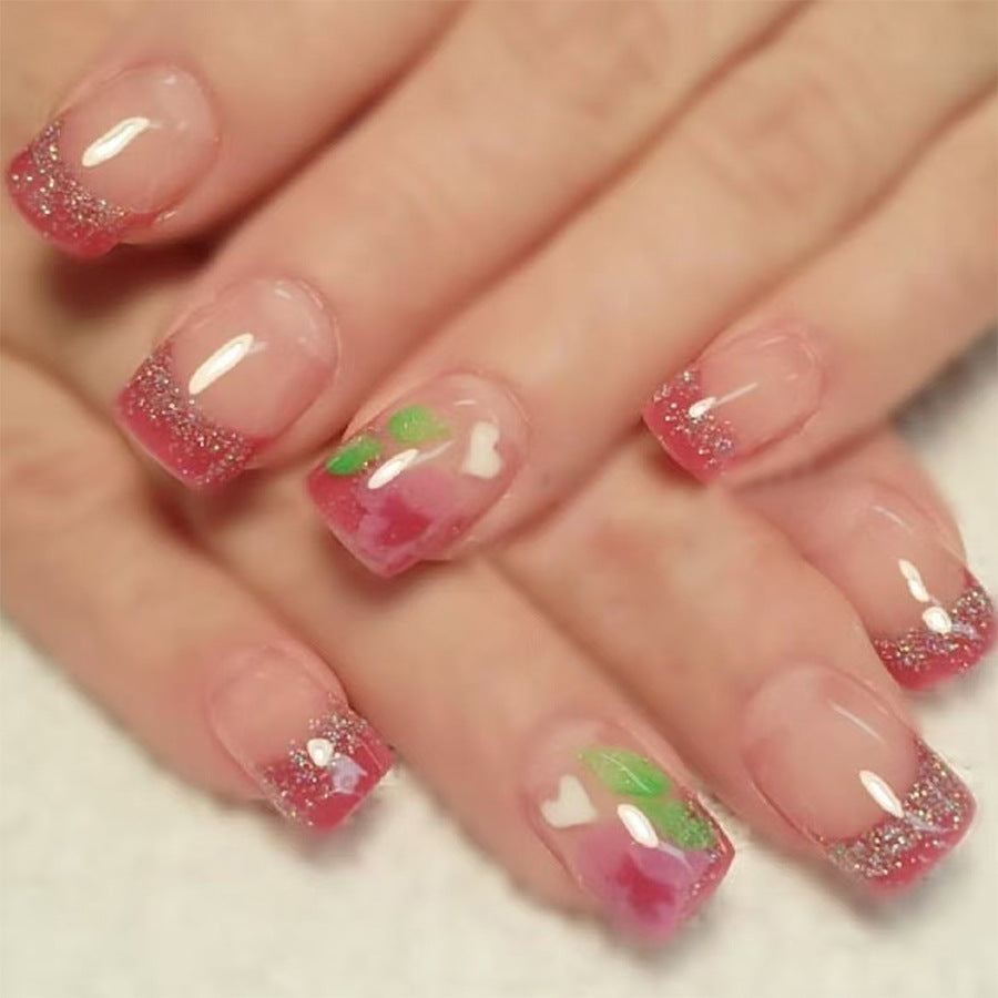 Charming Blossom Short Square Pink Glittery Press on Nail Set with Floral Heart Accents