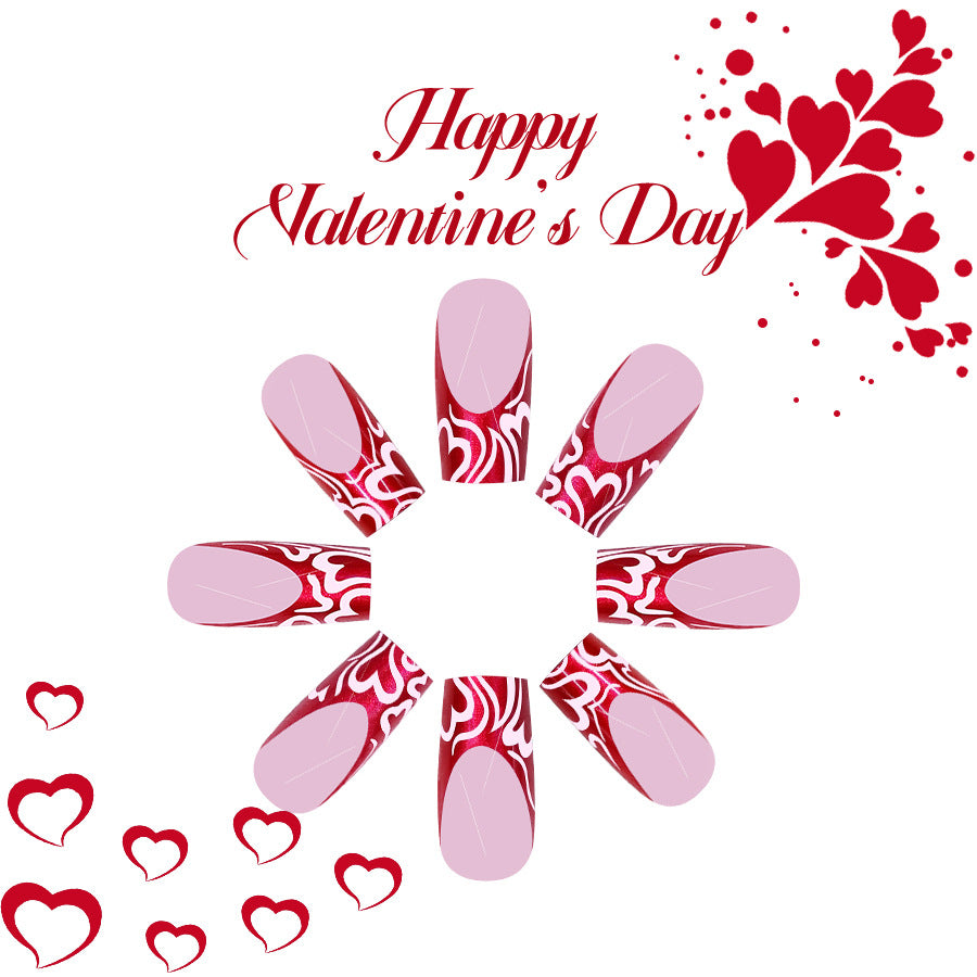Romantic Heartfelt Red Medium Square Press On Nail Set with Elegant Swirl Design and Glossy Finish