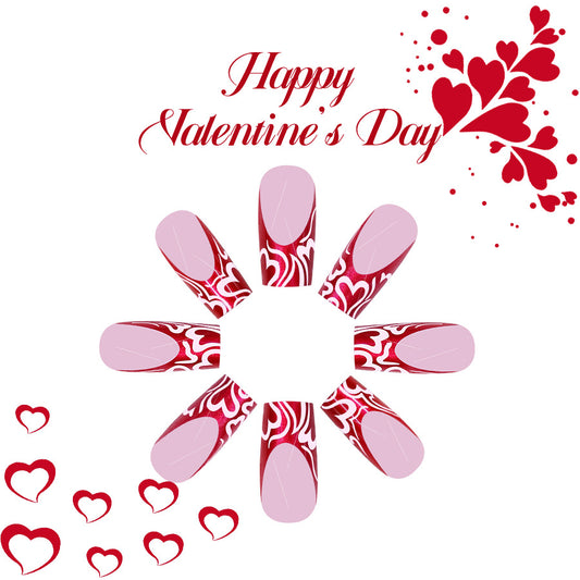 Romantic Heartfelt Red Medium Square Press On Nail Set with Elegant Swirl Design and Glossy Finish
