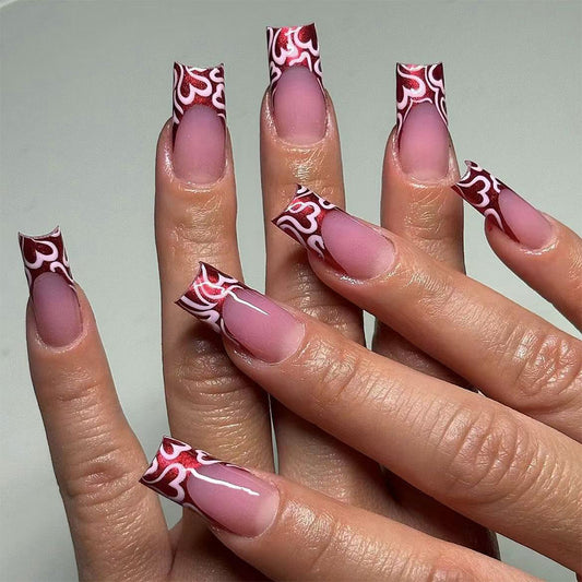 Romantic Elegance Medium Square Pink with Red Swirl Design Press On Nail Set