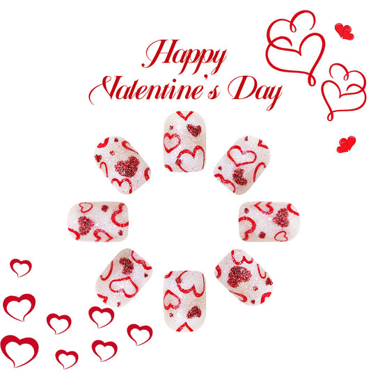 Cupid's Delight Short Square White with Red Heart Glitter Design Press-On Nail Set