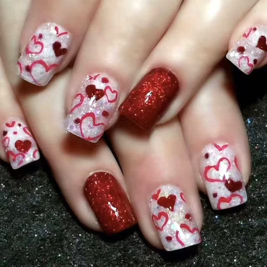 Romantic Heart ThemeShort  Square Length Transparent White and Glittery Red with Heart Patterns Press On Nail Set