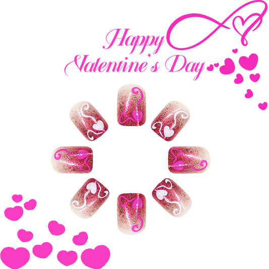 Charming Romance Short Square Pink Glitter Press On Nail Set with Heart Design