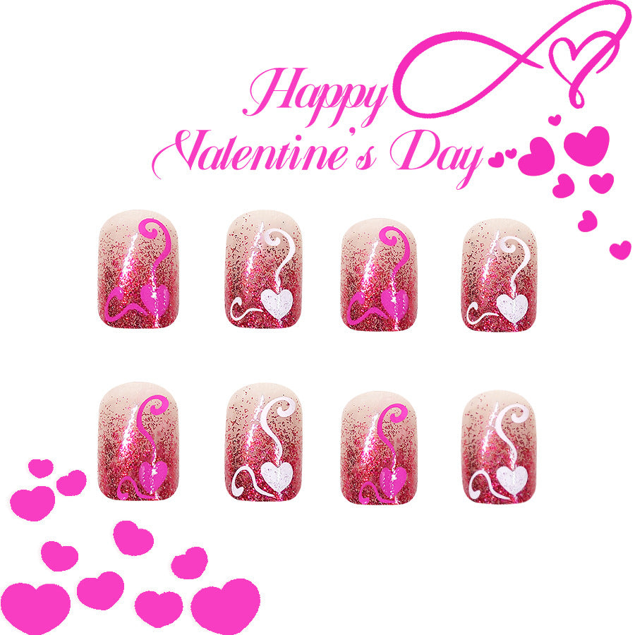 Romantic Flair Short Square Pink Sparkling Heart Design Press-On Nail Set