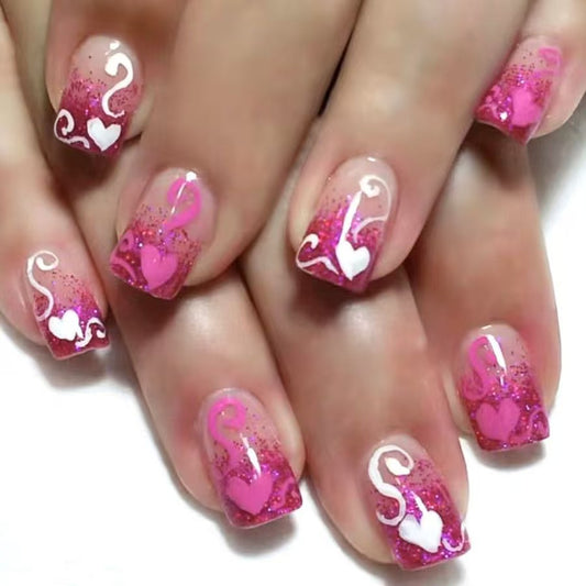 Flirty Romantic Press On Nail Set Short Square Pink Glittery Heart Design