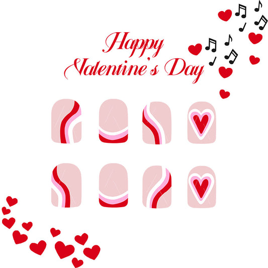 Charming Romance Short Square Pink and Red Nail Set with Heart Designs for Valentine's Day