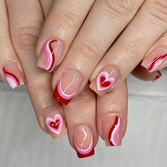 Romantic Heart Theme Short Square Nail Set in Elegant Length with Soft Pink and Bold Red Accent Features
