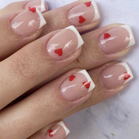Romantic Heart Theme Short Square Shape Natural Pink Color with Heart Accents Press On Nail Set