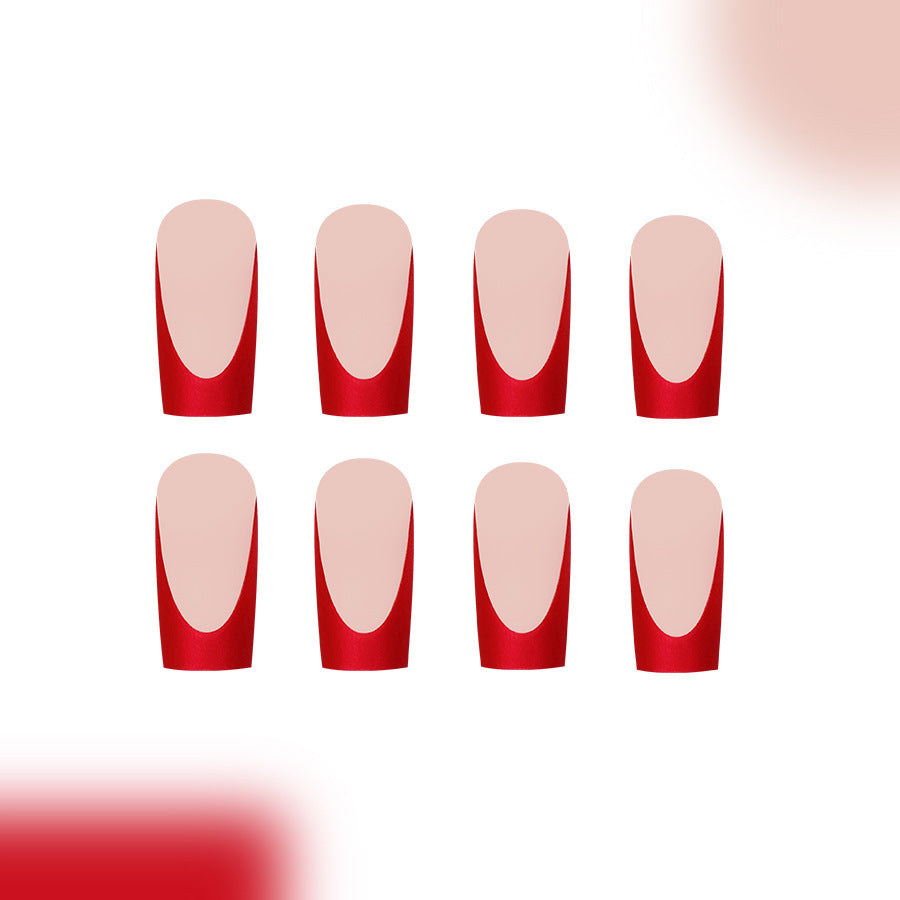 Glamorous Red Elegance Medium Square Shaped Press On Nail Set with Stylish Half Moon Design